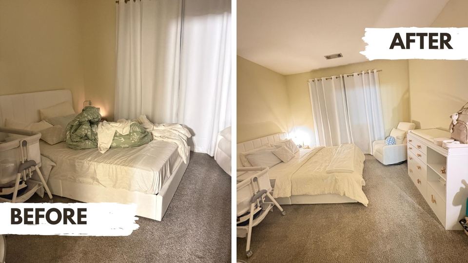 Bedroom before and after: on the left the bed is unmade with bedding piled on it, on the right the bed is made and the room is tidy