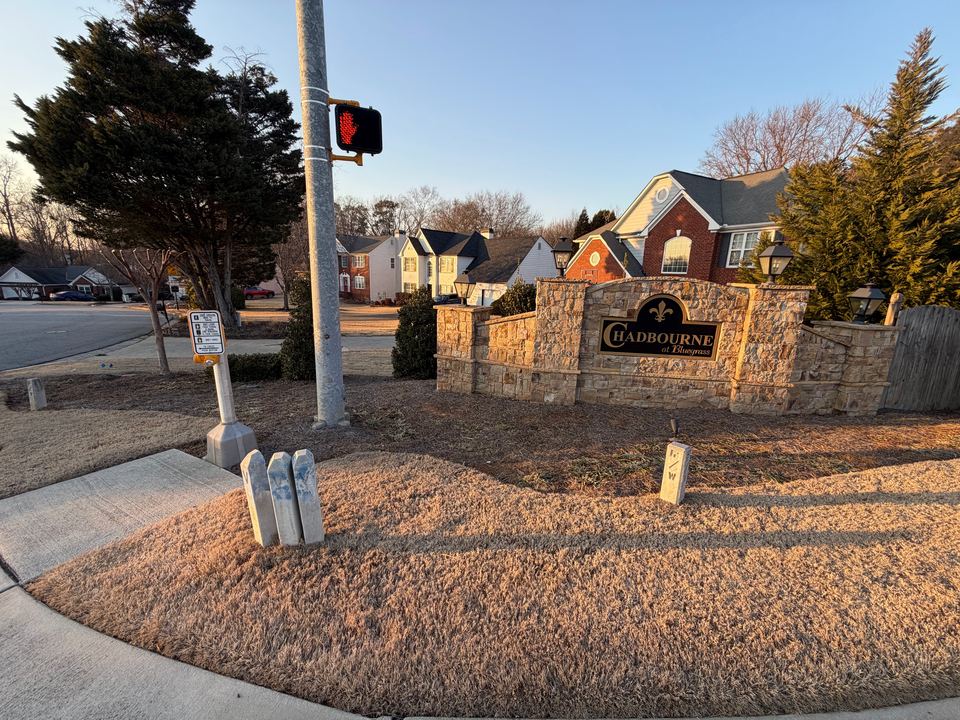 Stone neighborhood entrance sign at dusk, with two-story homes behind it