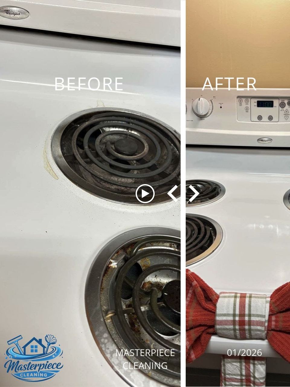 Electric coil stovetop before and after: before shows grease and residue around the burners, after shows a clean white stovetop
