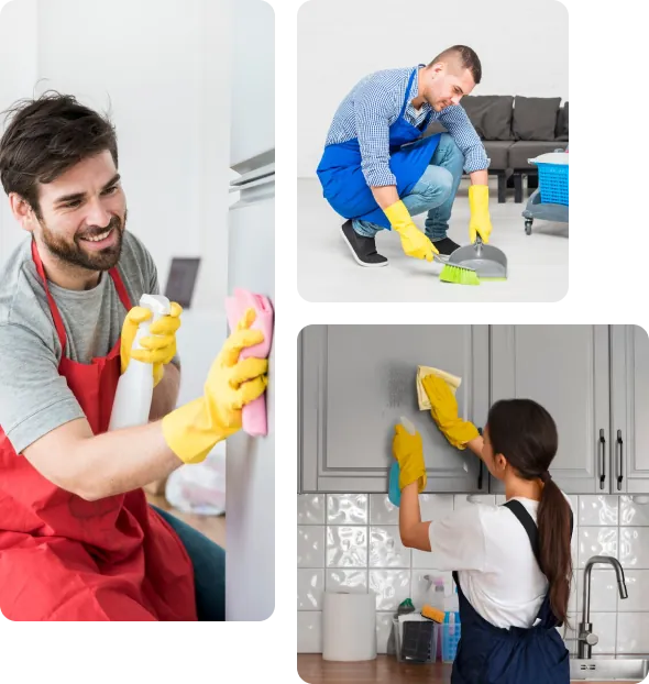 Masterpiece Cleaning cleaners wiping a refrigerator and kitchen surfaces